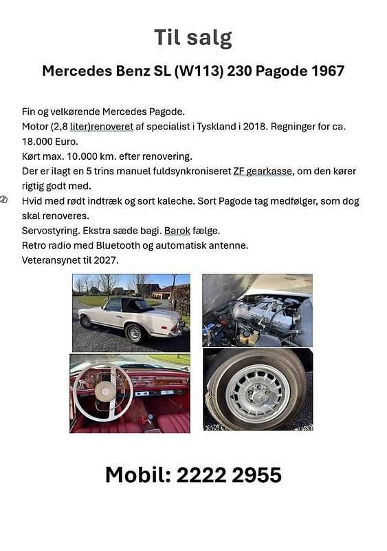 Brugt 1967 Mercedes 230 Cabriolet | 495.000 kr. - Billede 1/1
