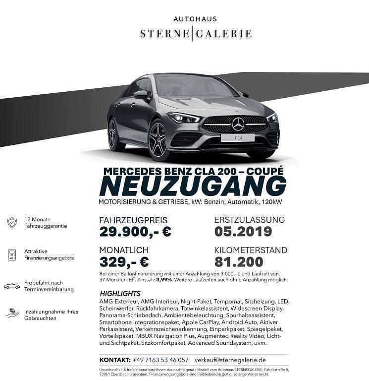 Mountaingrau met. Gebraucht 2019 Mercedes CLA200 AMG line Coupé | 29.900 € (Etwas zu teuer) - Bild 1/4