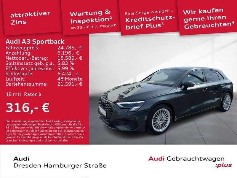 Grau Gebraucht 2021 Audi A3 Sportback Advanced Kleinwagen | 24.785 € (Fairer Preis) - Bild 1/3