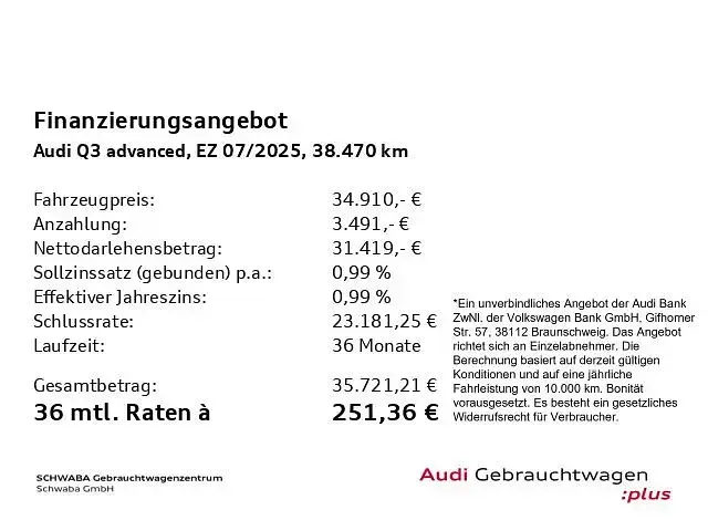 Gebraucht Audi Q3 Advanced Plus 150 PS (110 kW) 2025 Navarrablau metallic SUV