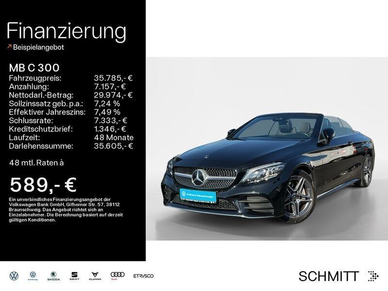 Obsidianschwarz metallic Gebraucht 2020 Mercedes C300 AMG line Cabrio | 37.485 € (Fairer Preis) - Bild 1/4