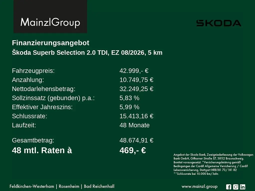 Neu Skoda Superb Selection 150 PS (110 kW) 2026 Aluminiumsilber metallic Kombi