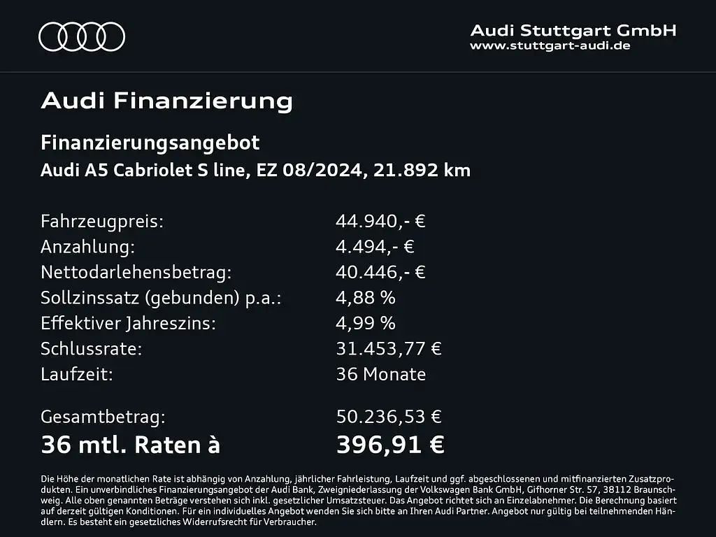 Gebraucht Audi A5 Cabriolet S-Line 204 PS (150 kW) 2024 Mythosschwarz metallic Cabrio