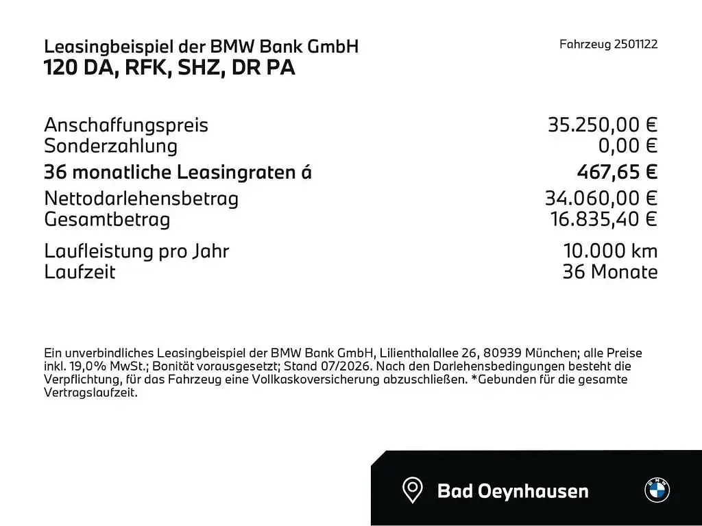 Neu BMW 120 Comfort Edition 170 PS (125 kW) 2026 Schwarz (schwarz) Kleinwagen