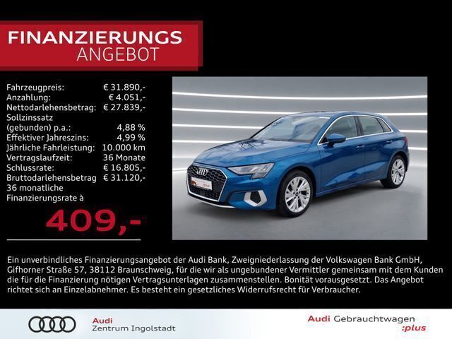 Atollblau metallic Gebraucht 2022 Audi A3 Sportback Advanced Limousine | 31.890 € (Guter Preis) - Bild 1/3