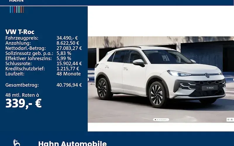 Neu VW T-Roc 150 PS (110 kW) 2026 Weiß SUV