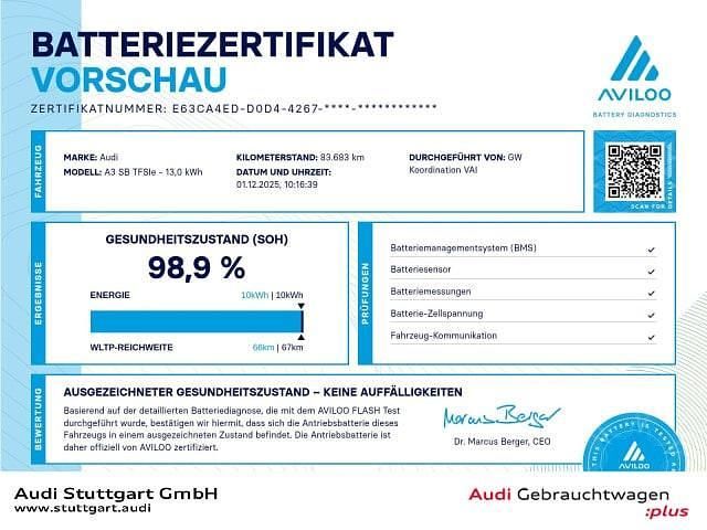Brillantschwarz Gebraucht 2023 Audi A3 Sportback e-tron Kleinwagen | 21.240 € (Fairer Preis) - Bild 1/3