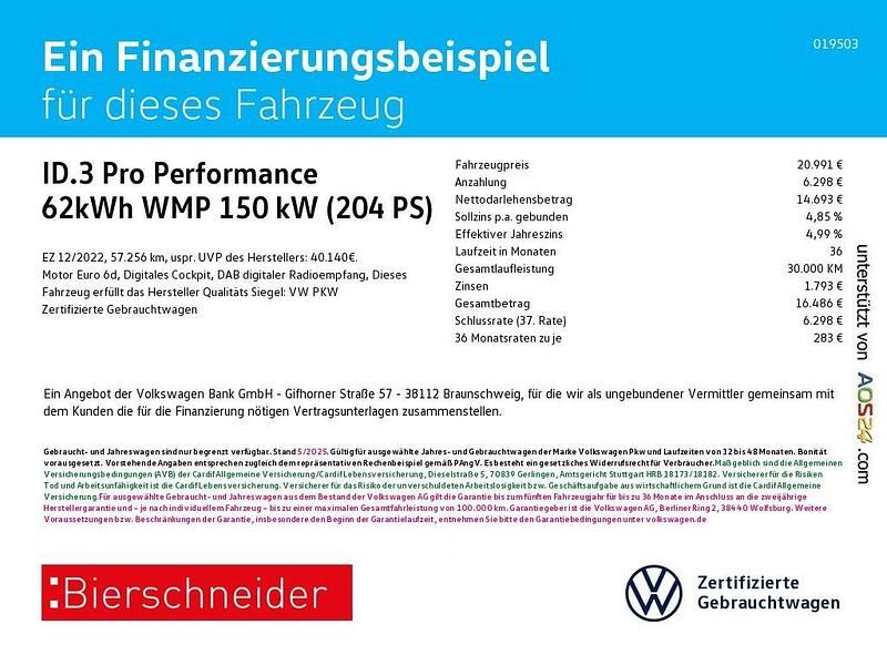 Grau Gebraucht 2022 VW ID.3 Pro Performance Kleinwagen | 20.991 € (Fairer Preis) - Bild 1/4