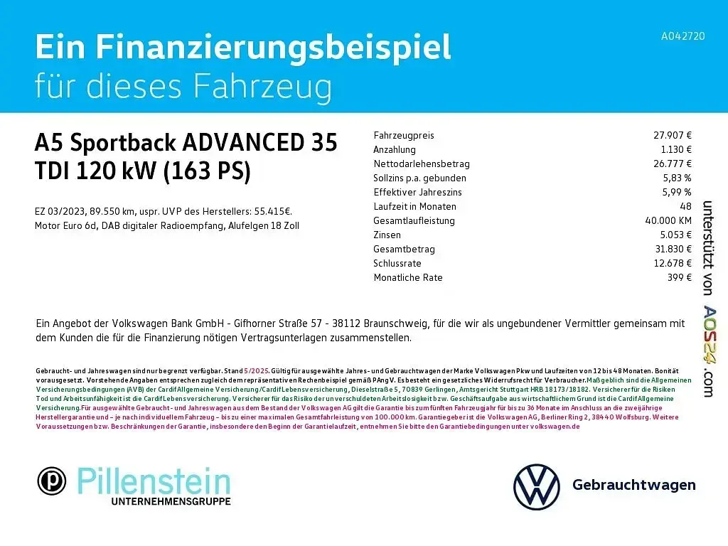 Gebraucht Audi A5 Sportback Advanced Plus 163 PS (119 kW) 2023 Blau Kleinwagen