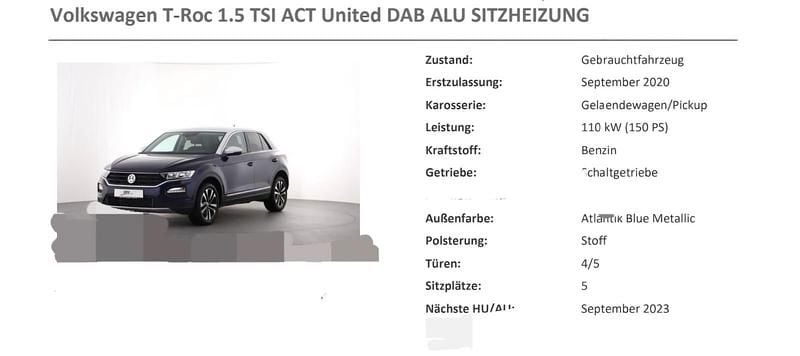 Blau Gebraucht 2023 VW T-Roc United SUV | 19.200 € (Superpreis) - Bild 1/4