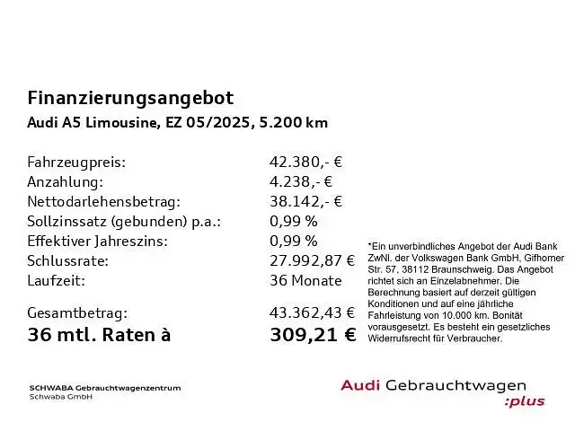 Gebraucht Audi A5 Performance 204 PS (150 kW) 2025 Firmamentblau metallic Limousine