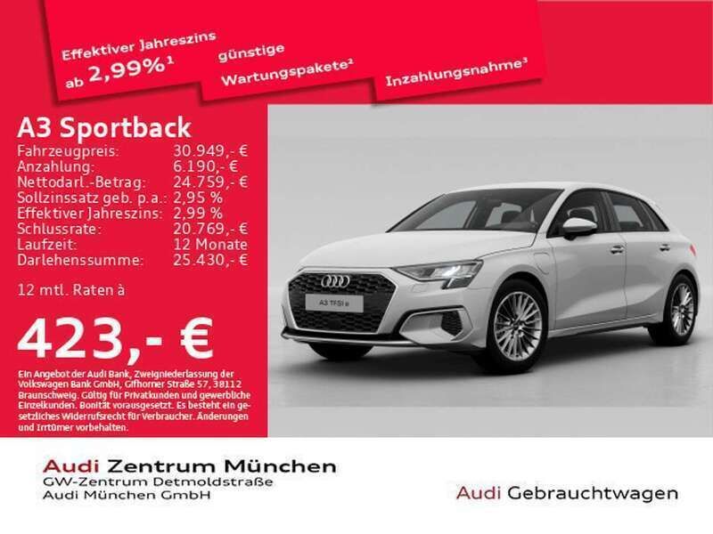 Ibisweiß Gebraucht 2023 Audi A3 e-tron Advanced Kleinwagen | 30.949 € (Etwas zu teuer) - Bild 1/2