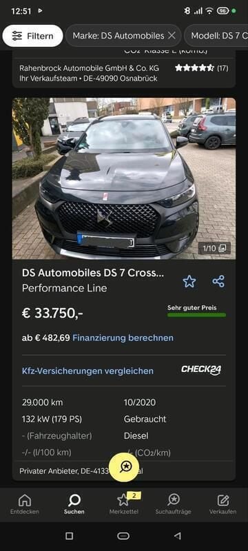 Schwarz Gebraucht 2020 DS Automobiles DS7 Crossback Performance SUV | 30.499 € (Fairer Preis) - Bild 1/4