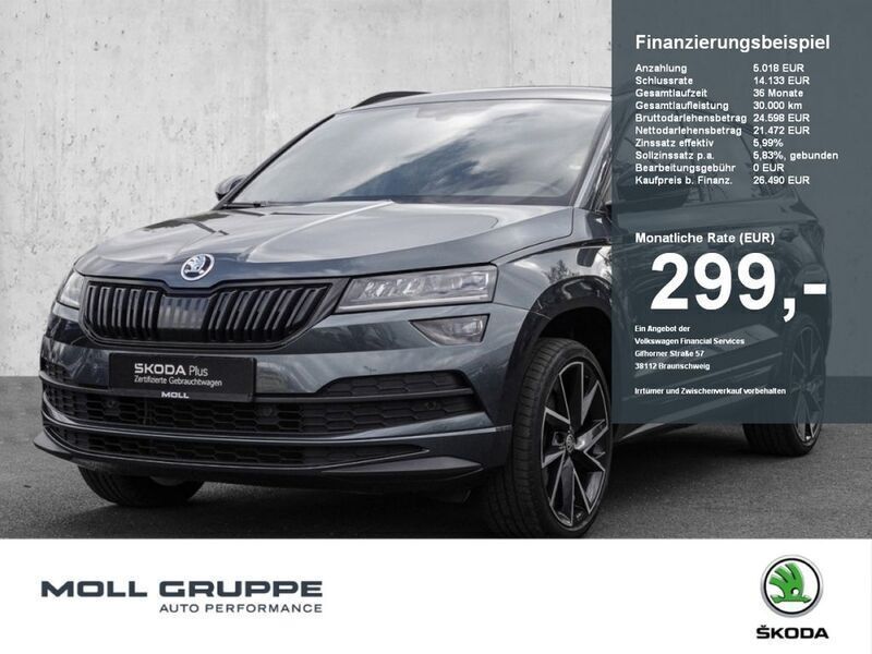 Quarzgrau (metallic) Gebraucht 2021 Skoda Karoq SportLine SUV | 26.490 € (Fairer Preis) - Bild 1/4