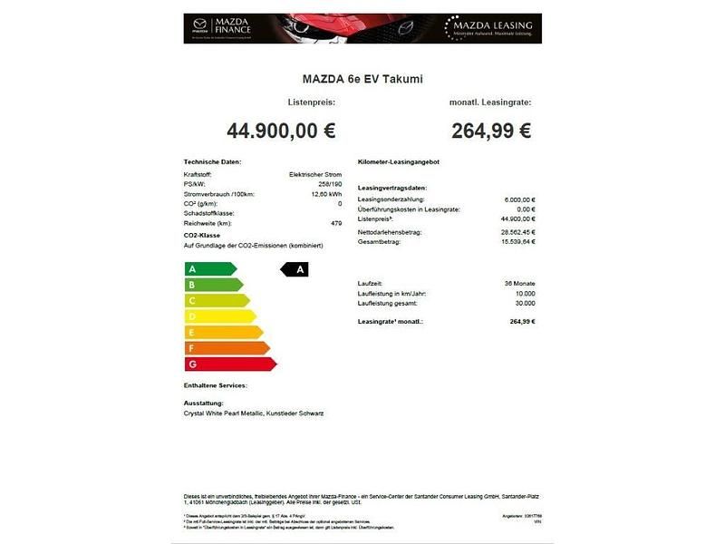 Neu Mazda 6e Takumi-Line 189 kW (258 PS) 2026 Crystal white pearl Limousine