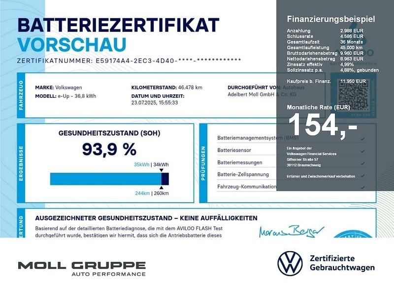 Weiß Gebraucht 2021 VW e-up! Kleinwagen | 11.950 € (Guter Preis) - Bild 1/2