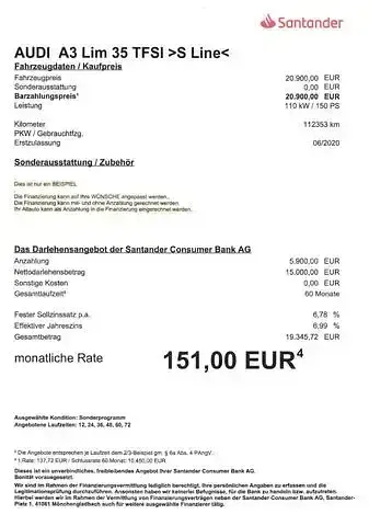 Gebraucht Audi A3 S-Line 150 PS (110 kW) 2020 Weiß Limousine