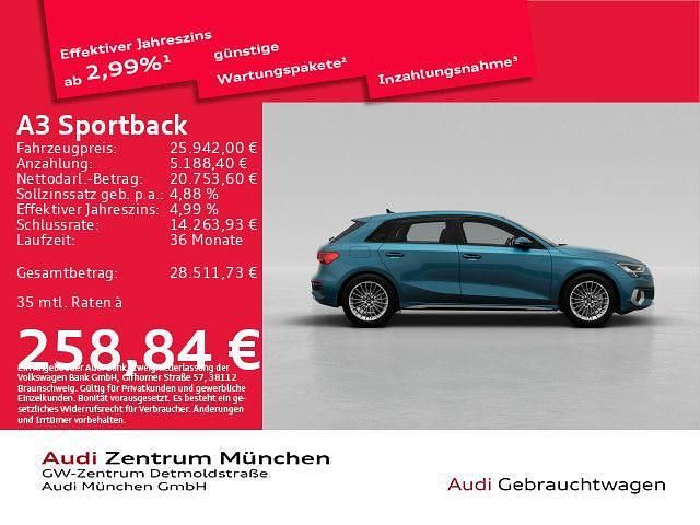 Atollblau metallic Gebraucht 2022 Audi A3 Sportback e-tron Advanced Plus Limousine | 25.942 € (Fairer Preis) - Bild 1/2