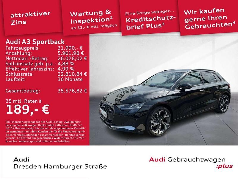 Mythosschwarz metallic Gebraucht 2024 Audi A3 Advanced Limousine | 31.990 € (Fairer Preis) - Bild 1/3