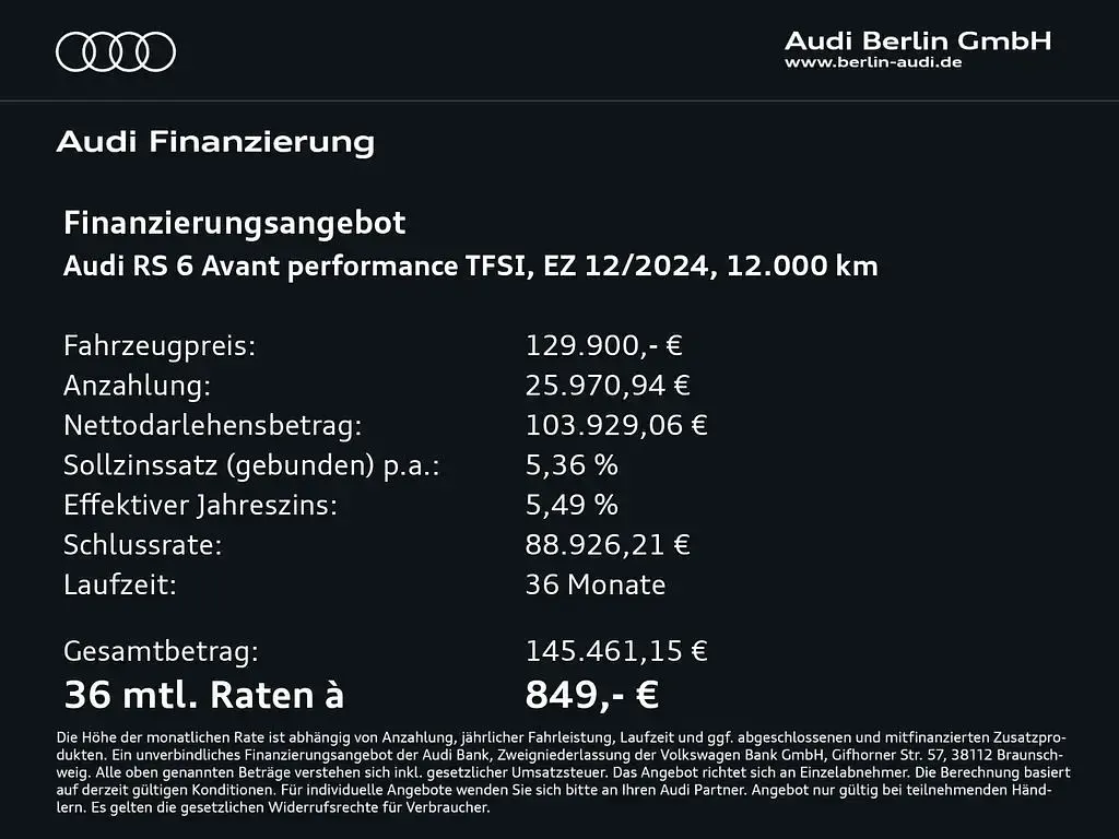 Gebraucht Audi RS6 Performance 630 PS (463 kW) 2024 Mythosschwarz metallic Kombi