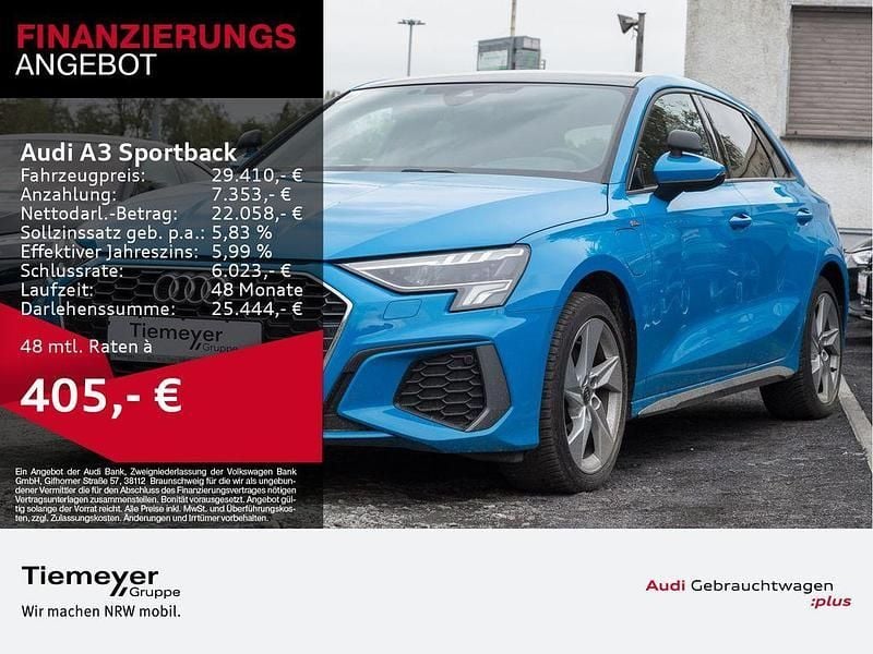 Turboblau Gebraucht 2023 Audi A3 Sportback e-tron S-Line Limousine | 29.410 € (Fairer Preis) - Bild 1/4