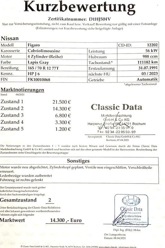 Gebraucht Nissan Figaro 74 PS (54 kW) 1991 Blau Cabrio