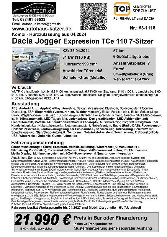 Second-hand Dacia Jogger Expression 110 CP (80 kW) 2024 Gri Monovolum