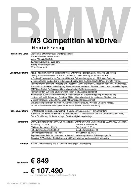 Neu BMW M3 Competition Edition 530 PS (389 kW) 2025 Dravitgrau metallic Limousine