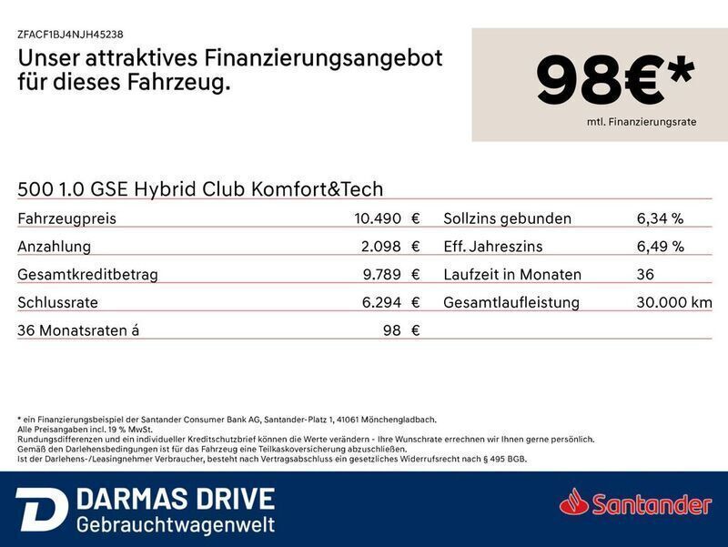 Schwarz Gebraucht 2023 Fiat 500 Club Kleinwagen | 10.490 € (Superpreis) - Bild 1/1
