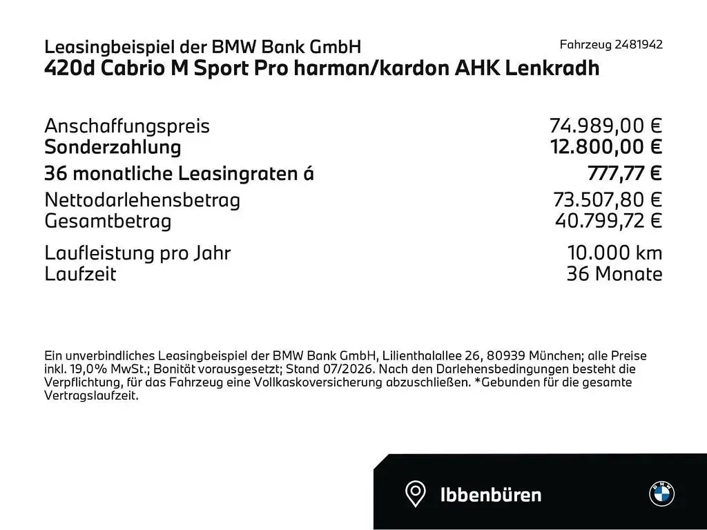 Neu BMW 420 Cabriolet M Sport 190 PS (139 kW) 2026 Bmw individual dravitgrau (grau) Cabrio