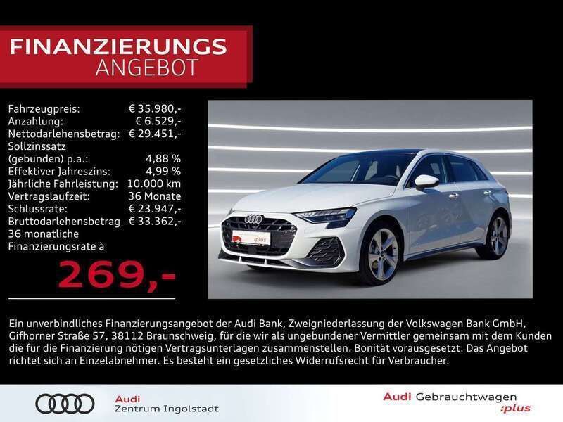 Gletscherweiß metallic Gebraucht 2024 Audi A3 Sportback S-Line Limousine | 35.980 € (Superpreis) - Bild 1/3