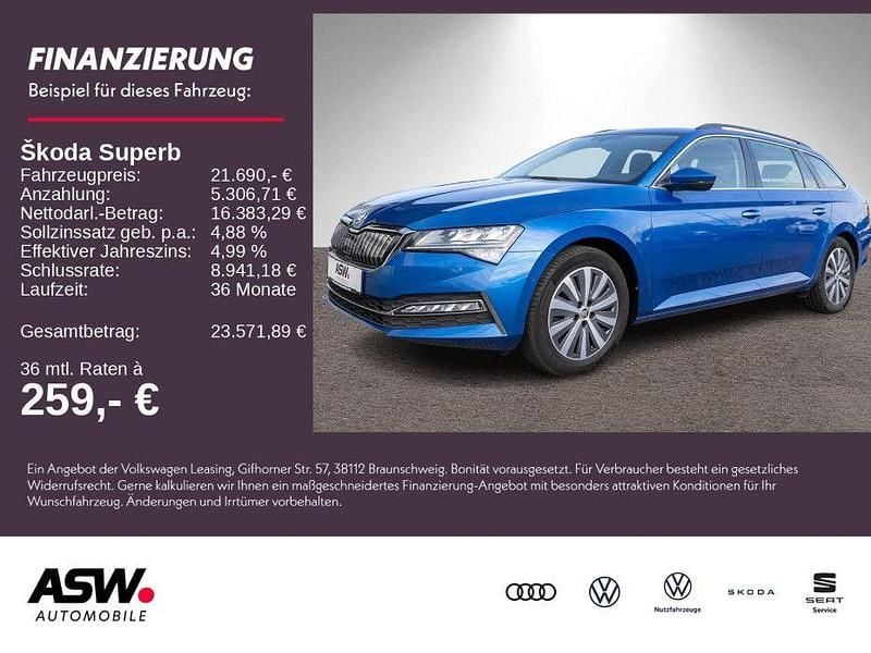 Raceblau metallic Gebraucht 2022 Skoda Superb Ambition Kombi | 21.690 € (Fairer Preis) - Bild 1/4