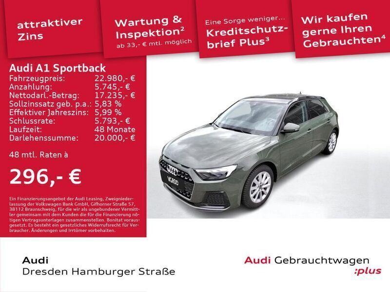 Distriktgrün metallic mythosschwarz metallic Gebraucht 2024 Audi A1 Sportback Advanced Plus Kleinwagen | 22.980 € (Fairer Preis) - Bild 1/3