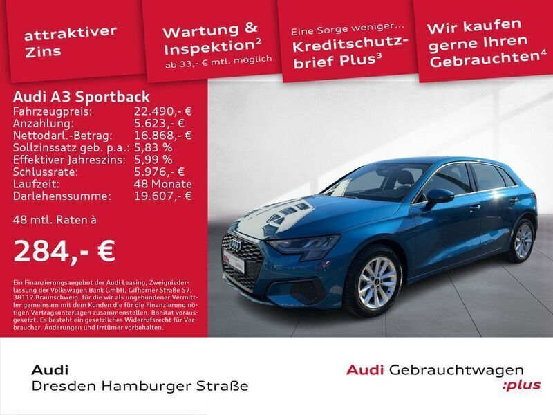 Blau Gebraucht 2021 Audi A3 Sportback Kleinwagen | 22.980 € (Guter Preis) - Bild 1/3