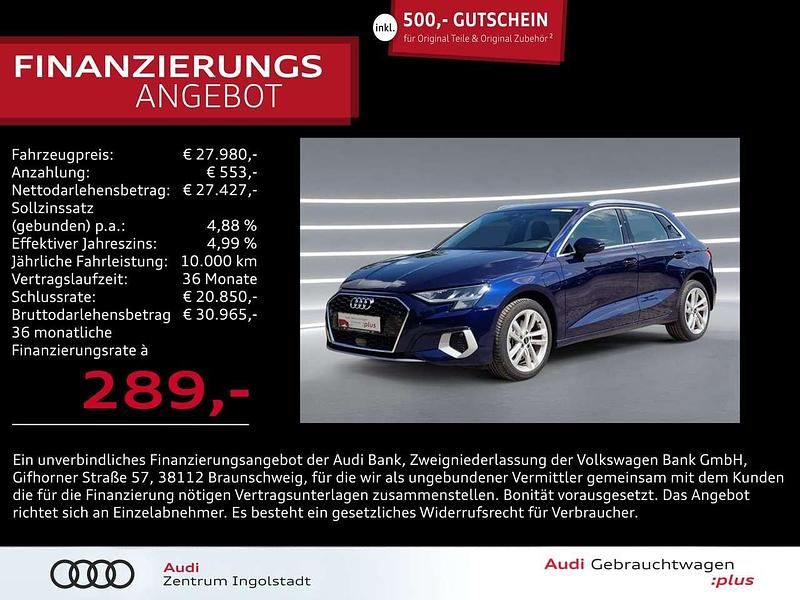 Navarrablau metallic Gebraucht 2024 Audi A3 Sportback e-tron Advanced Plus Limousine | 27.980 € (Fairer Preis) - Bild 1/2