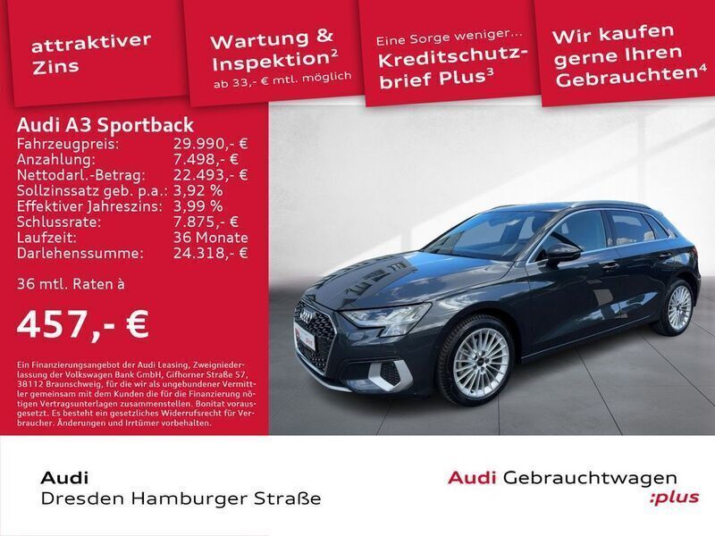 Grau Gebraucht 2024 Audi A3 Sportback Advanced Limousine | 30.450 € (Guter Preis) - Bild 1/3