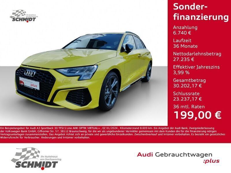 Gelb Gebraucht 2024 Audi A3 Sportback S-Line Limousine | 33.975 € (Fairer Preis) - Bild 1/4