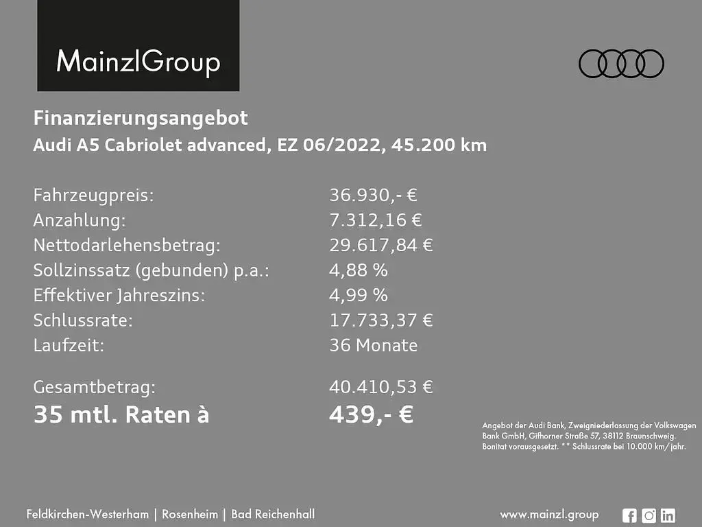 Gebraucht Audi A5 Cabriolet Ambiente 204 PS (150 kW) 2022 Distriktgrün metallic/verdeck Cabrio