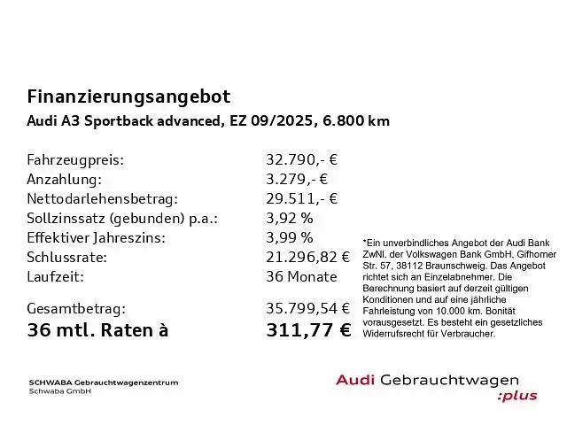 Gebraucht Audi A3 Advanced 150 PS (110 kW) 2025 Gletscherweiß metallic Limousine
