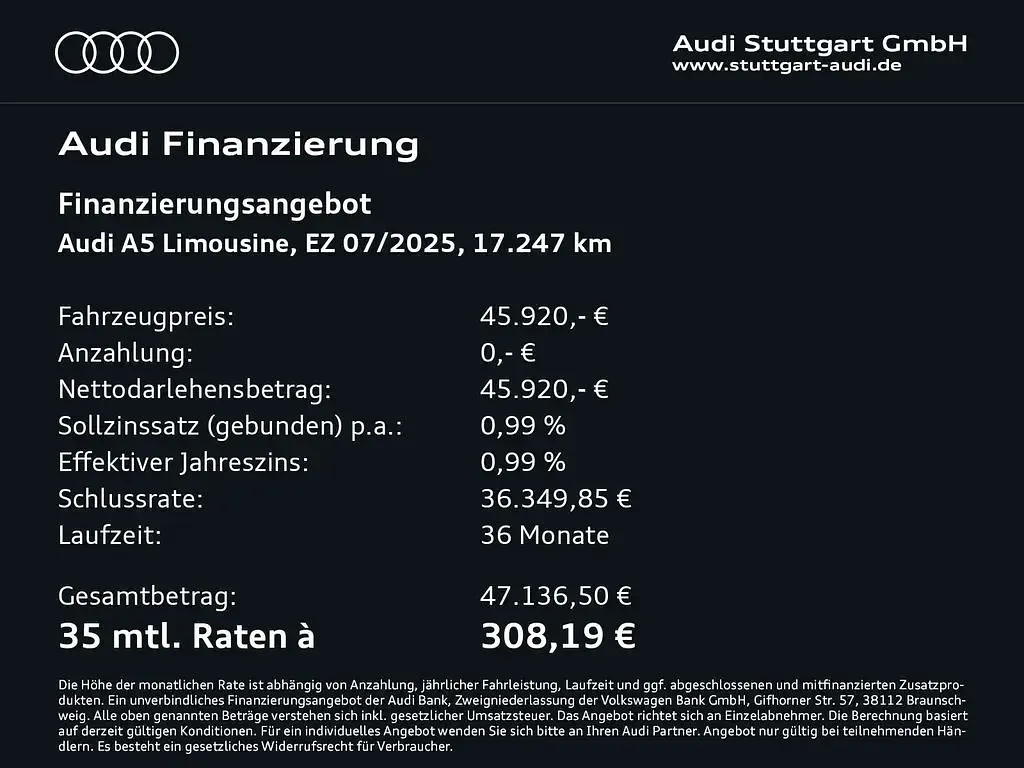 Gebraucht Audi A5 Ambiente 204 PS (150 kW) 2025 Gletscherweiß metallic Limousine