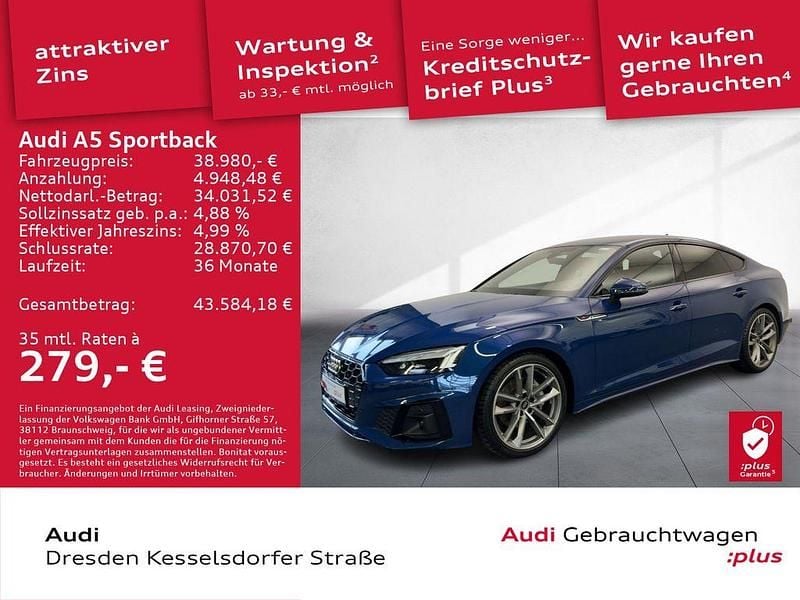 Ascariblau metallic Gebraucht 2024 Audi A5 Sportback S-Line Kleinwagen | 38.980 € (Guter Preis) - Bild 1/4