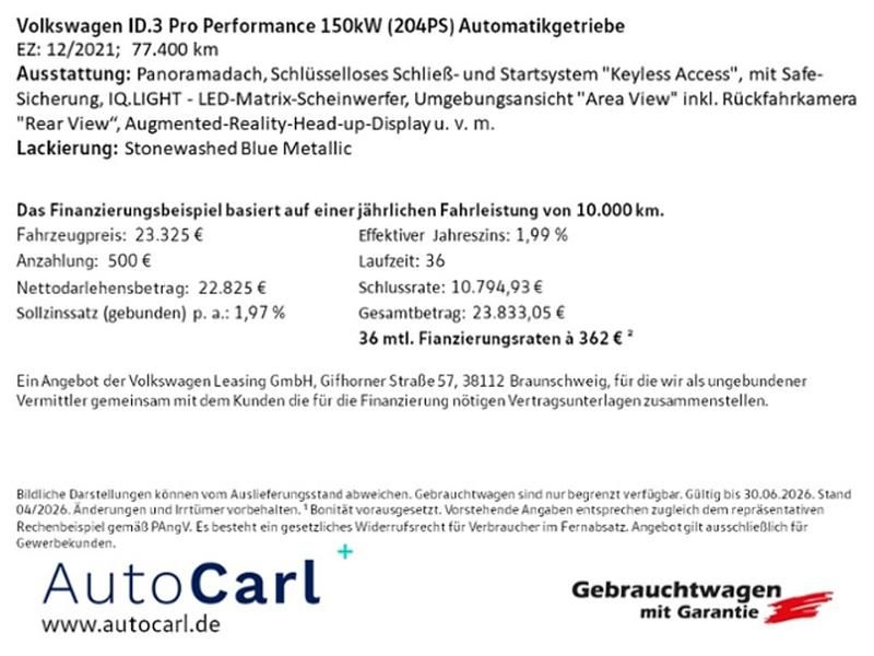 Gebraucht VW ID.3 Pro Performance 150 kW (204 PS) 2021 Stonewashed blue metallic Kleinwagen