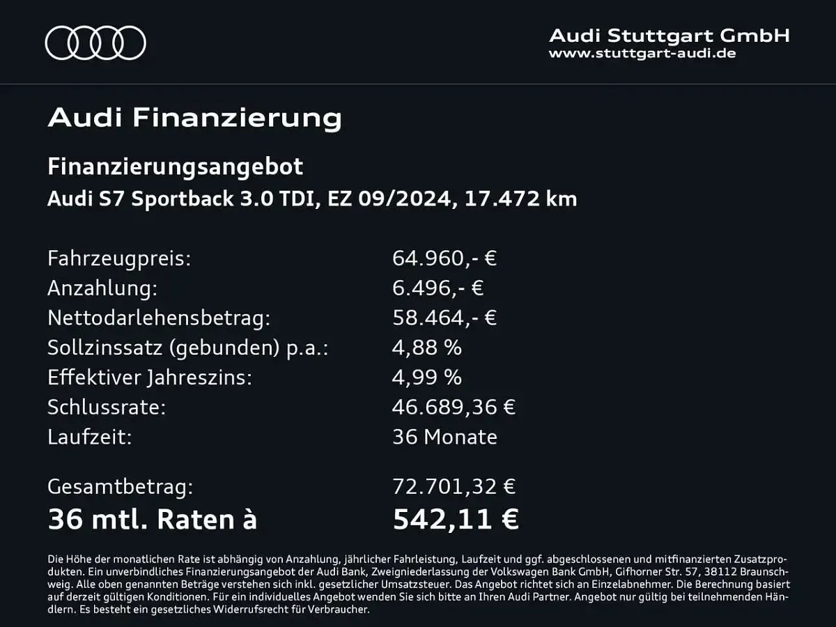 Gebraucht Audi S7 344 PS (253 kW) 2024 Mythosschwarz metallic Kleinwagen