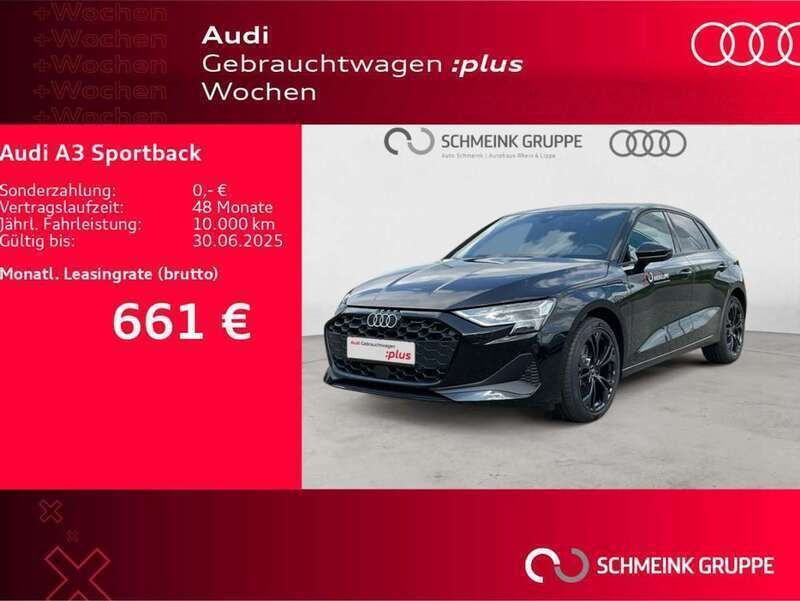 Schwarz (mythosschwarz metallic) Gebraucht 2025 Audi A3 Sportback e-tron Business Limousine | 49.881 € - Bild 1/4