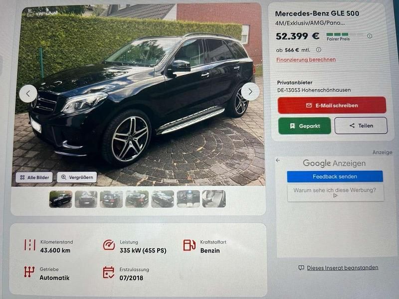 Schwarz Gebraucht 2018 Mercedes GLE500 Exclusive SUV | 52.399 € (Etwas zu teuer) - Bild 1/4