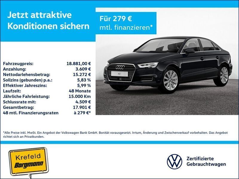 Mythosschwarz metallic (metallic) Gebraucht 2019 Audi A3 Design Limousine | 18.881 € (Superpreis) - Bild 1/4