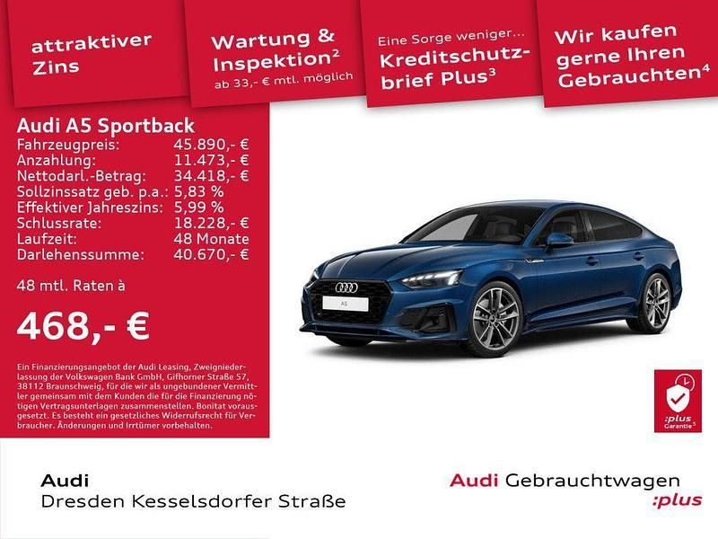 Ascariblau metallic Gebraucht 2024 Audi A5 Sportback S-Line Limousine | 45.890 € (Fairer Preis) - Bild 1/2