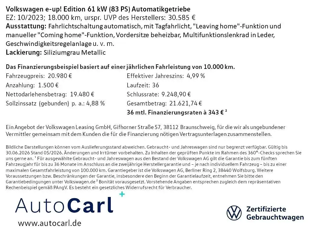 Gebraucht VW e-up! Edition 61 kW (83 PS) 2023 Grau Kleinwagen