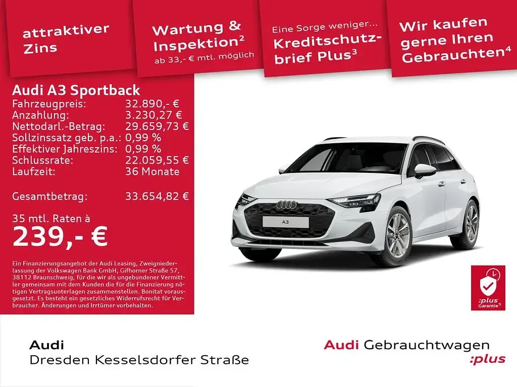 Gebraucht Audi A3 Ambiente 150 PS (110 kW) 2025 Gletscherweiß metallic Limousine