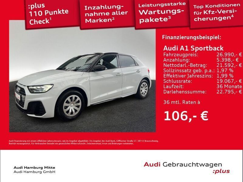 Gletscherweiß metallic/mythosschwarz metallic Gebraucht 2024 Audi A1 Sportback S-Line Kleinwagen | 26.990 € (Fairer Preis) - Bild 1/3